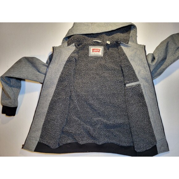 Levi’s Jacket Gray Hooded Black‎ Sherpa Lined Soft Shell Bomber Coat Mens Small - Picture 4 of 9